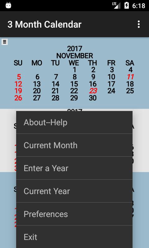 Three Month Calendar