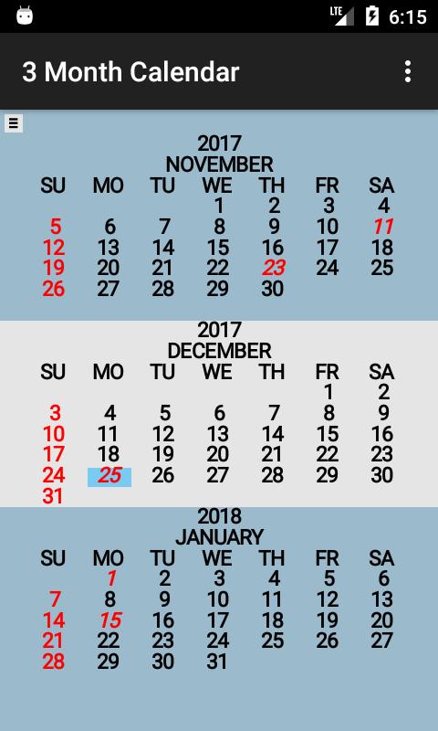 Three Month Calendar