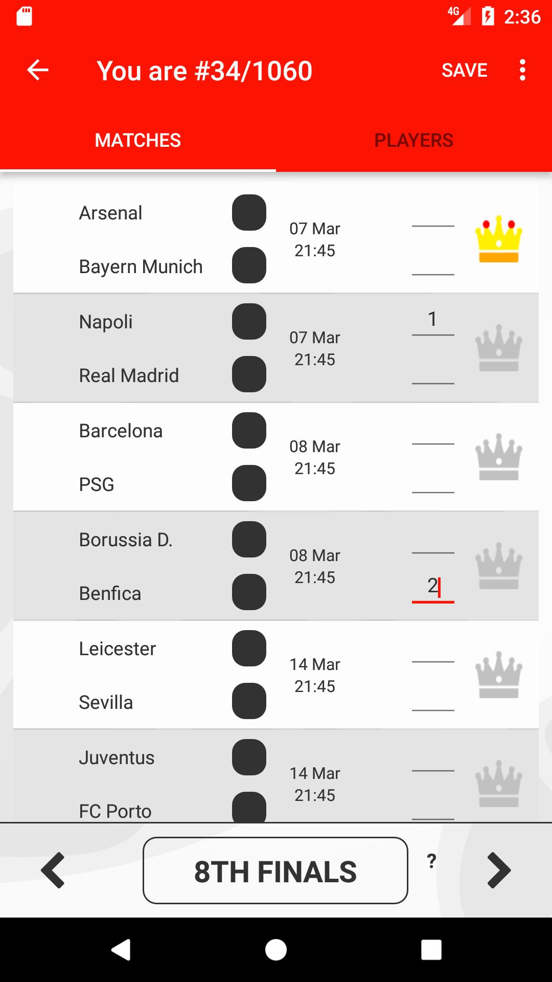 Score Predictor Game. Uefa Champions League Season