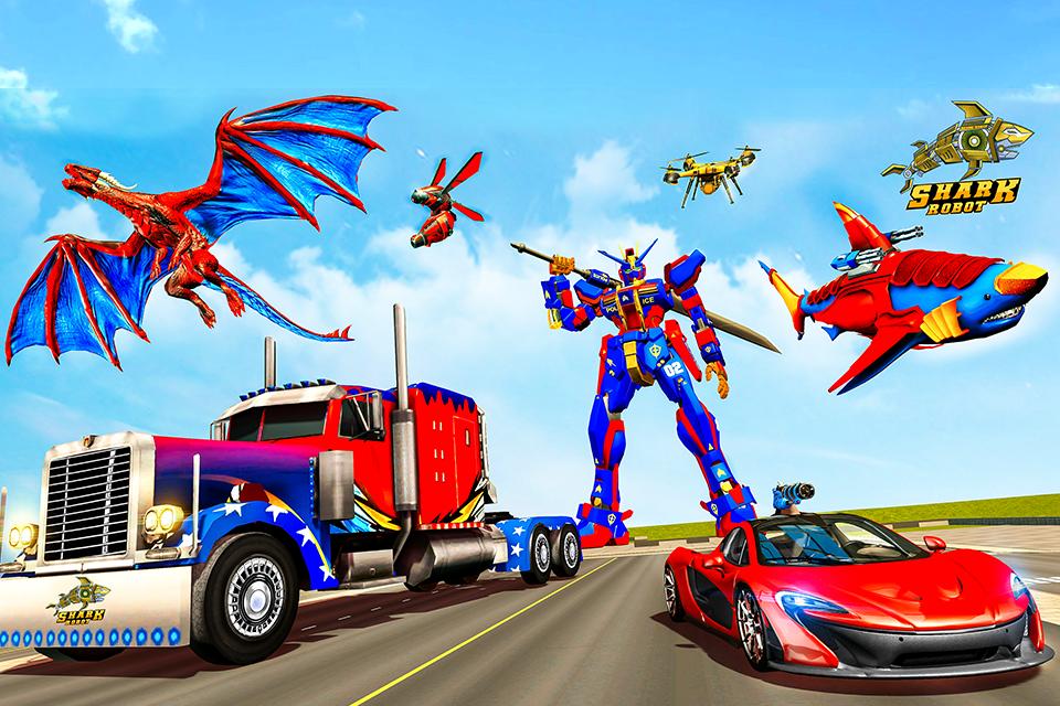 Police Shark Robot Car Game